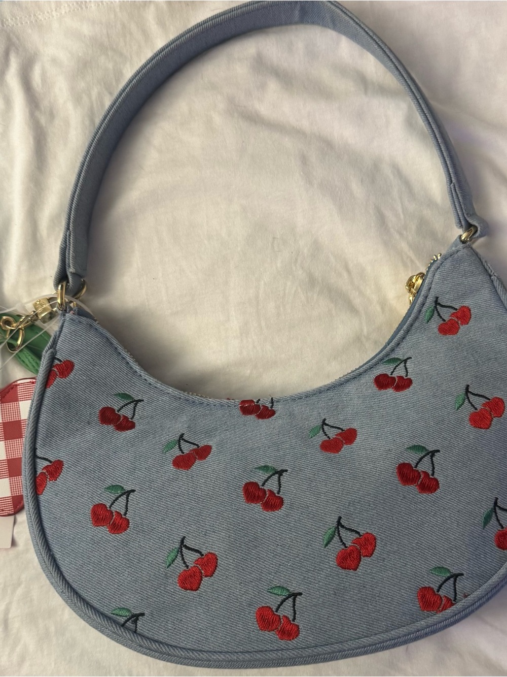 Betsey Johnson XONORTHY Denim Cherry Crescent Shoulder Bag